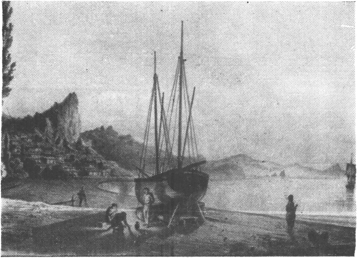 Деревня Партенит и утес Кале-Поти. (Из альбома Ф. Гроса. 1846.)