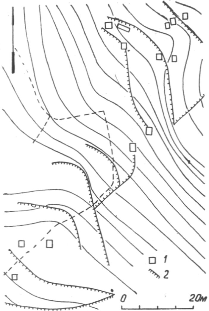 План таврского поселения на западном склоне Аю-Дага. 1 — остатки жилых домов; 2 — террасы