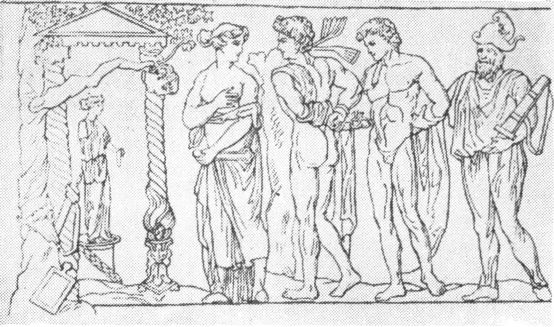 Ифигения ведет связанных Ореста и Пилада в храм Артемиды (с античного барельефа)