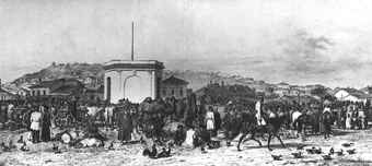 Старый базар в Керчи и гора Митридат (на заднем плане). Литография XIX века