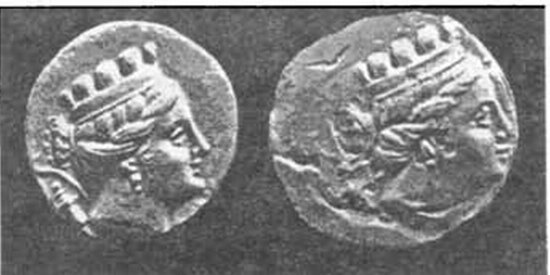 Партенос в башенной короне. Изображение на херсонесской монете конца II в. до н. э