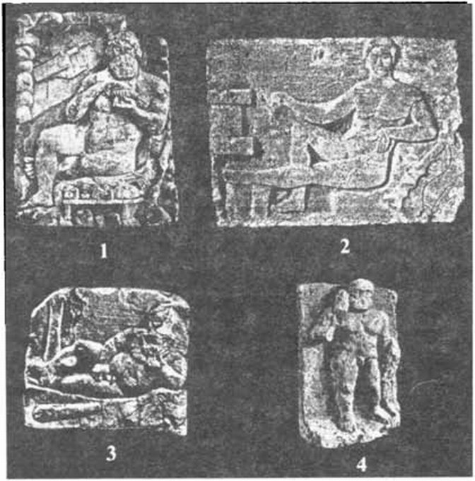 Рельефы с изображением отдыхающего Геракла III в. до н. э. из Северо-Западной Таврики. 1 — Саки; 2 — Мойнаки; 3, 4 — городище «Чайка»