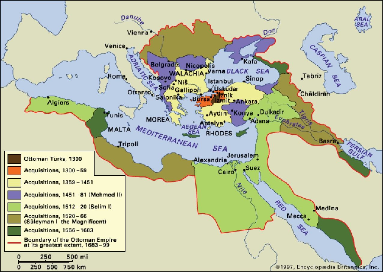 Карта турецких завоеваний XIV—XVII столетий, в которых принимали участие и вассалы оттоманских падишахов — крымские татары (Encyclopaedia Britannica)