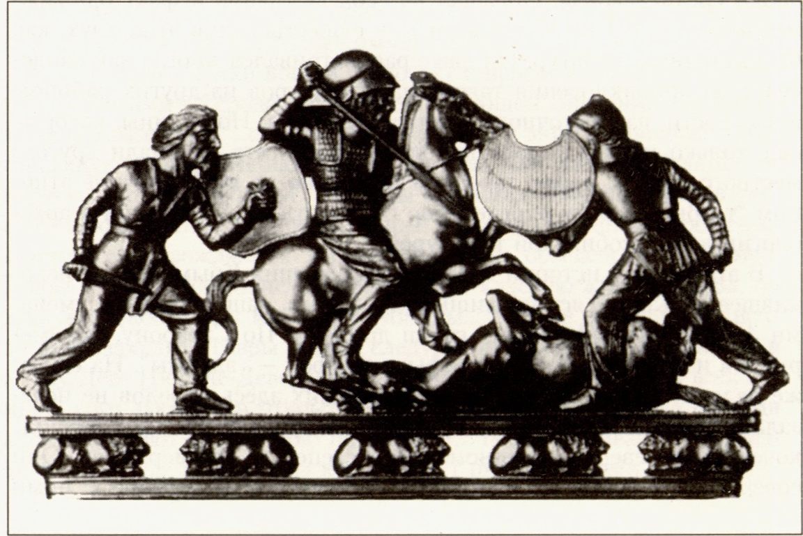 Сцена сражения скифских воинов. Фриз золотого гребня из кургана Солоха. IV в. до н.э