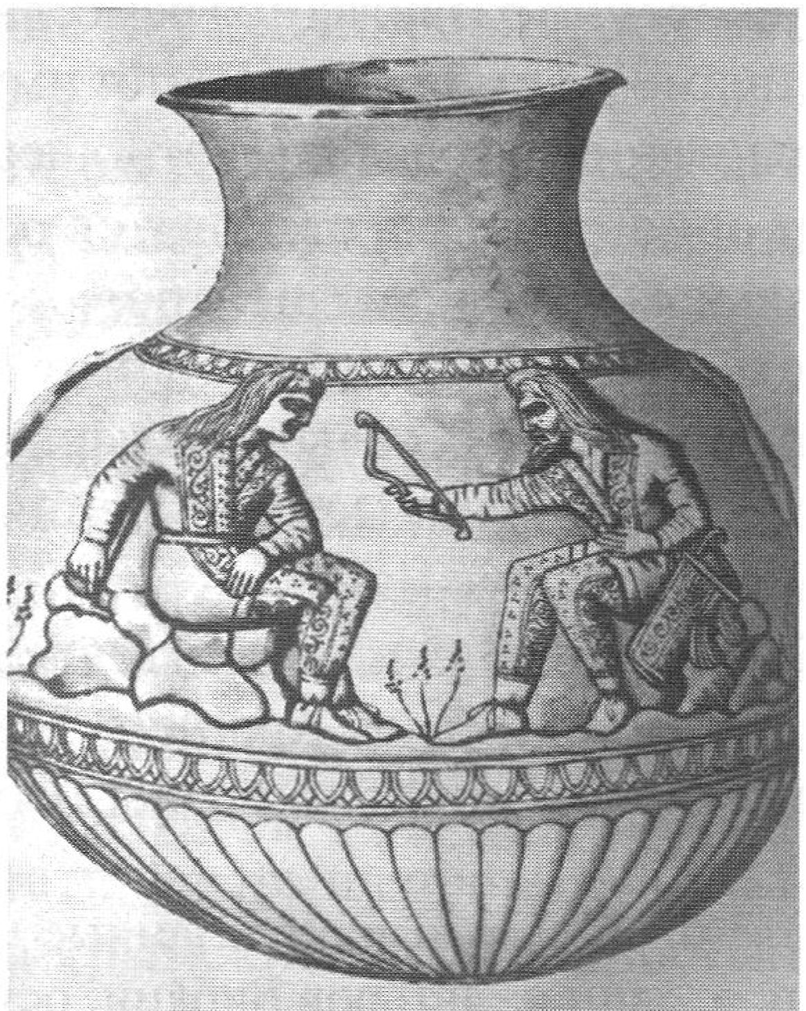 Серебряный сосуд с изображением сцен из скифского быта. Куль-Оба, 400—350 г. до н. э. Эрмитаж. Прорисовка изображения