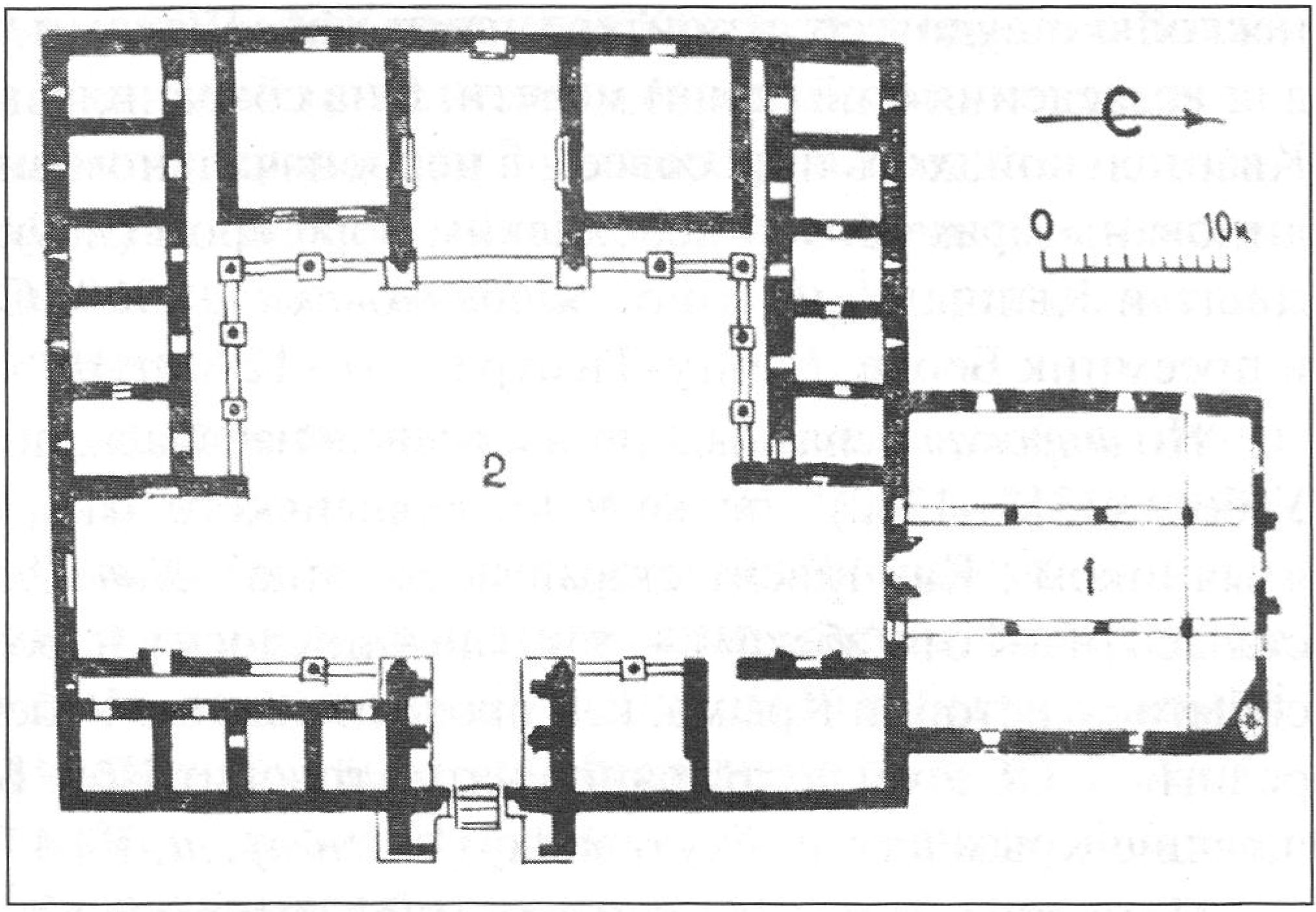 План «мечети Узбека» (1) и медресе (2). Из: Домбровский, Сидоренко, 1978