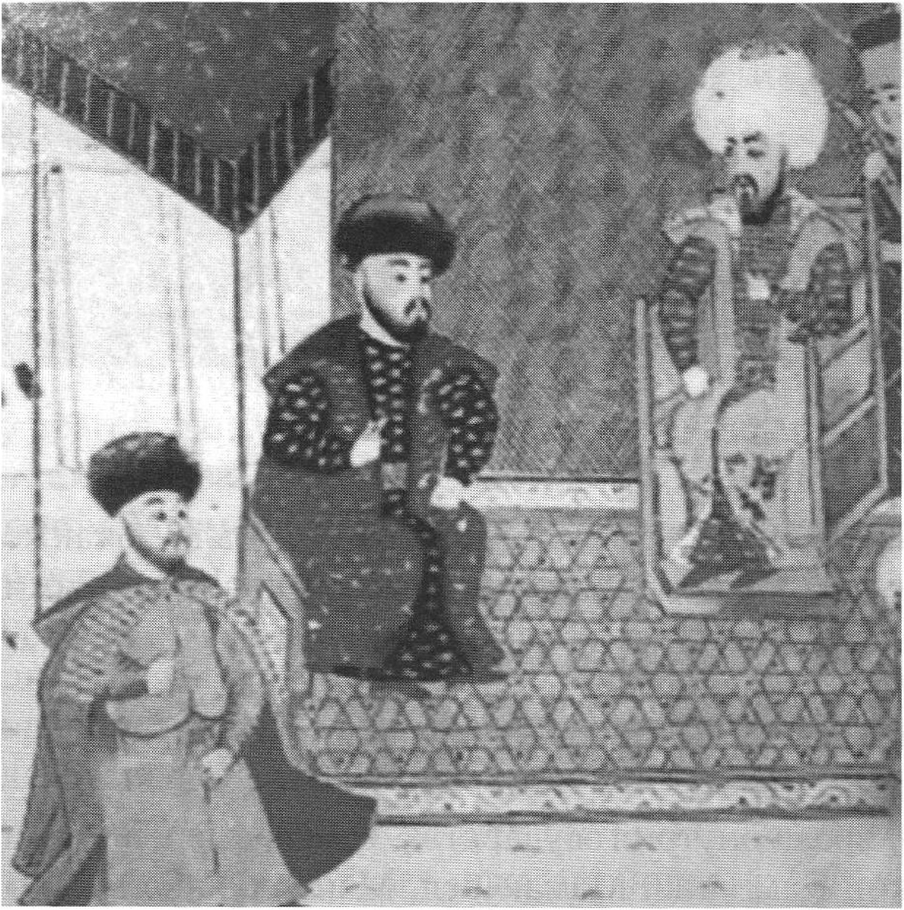 Менгли-Гирей I (в центре) со своим сыном Мехмед-Гиреем (слева) и султаном Баязидом II. Журнал Къасевет, 2010, № 37