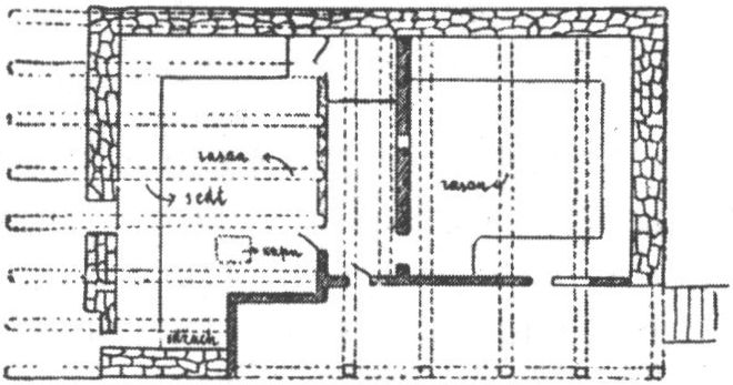 Схема устройства деревянного дома Куртсеита Арифа в Керменчике. Из: Куфтин, 1925