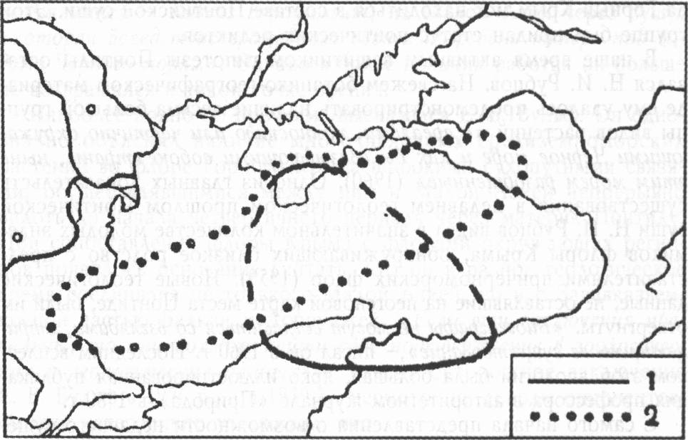 Примеры ареалов растений, приводившиеся в поддержку гипотезы Понтиды (по Н.И. Рубцову, 1960 г.): 1 — крымско-малоазиатский вид донник крымский (Melilotus tauricus), 2 — крымско-кавказско-балканский вид копеечник крымский (Hedysarum tauricum)
