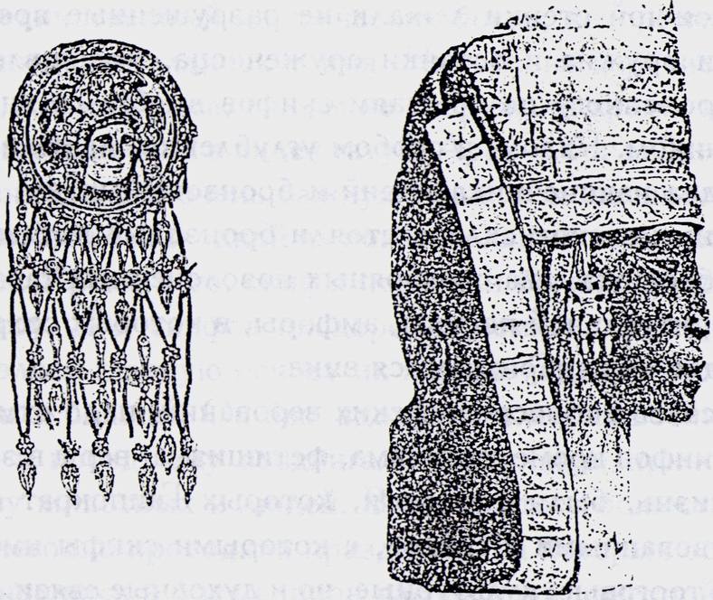 Рисунок 4. Слева — золотая подвеска их погребения Куль-Оба. Справа — головной убор скифской царицы