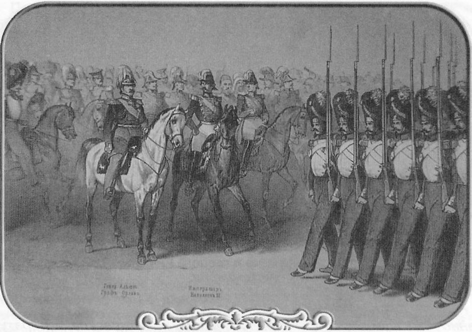 Генерал-адьютант граф Орлов и император Наполеон III на параде русских войск в Париже. Старинная гравюра