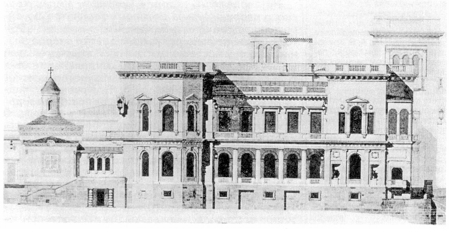 Восточный фасад Большого Императорского дворца с включением в него алтарной части Крестовоздвиженской церкви. Рисунок архитектора Н.П. Краснова. 1910 г