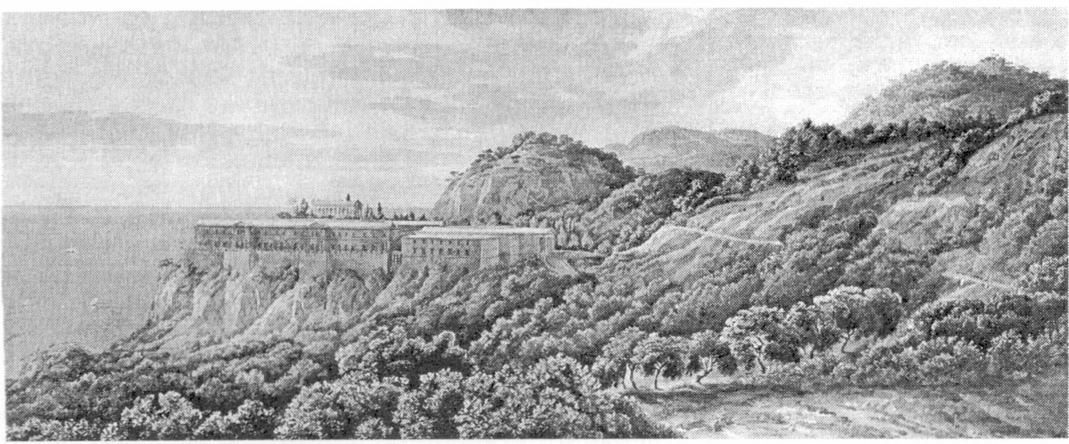 Общий вид дворца в Ореанде. Неосуществленный проект. Архитектор Карл Фридрих Шинкель. 1839 г
