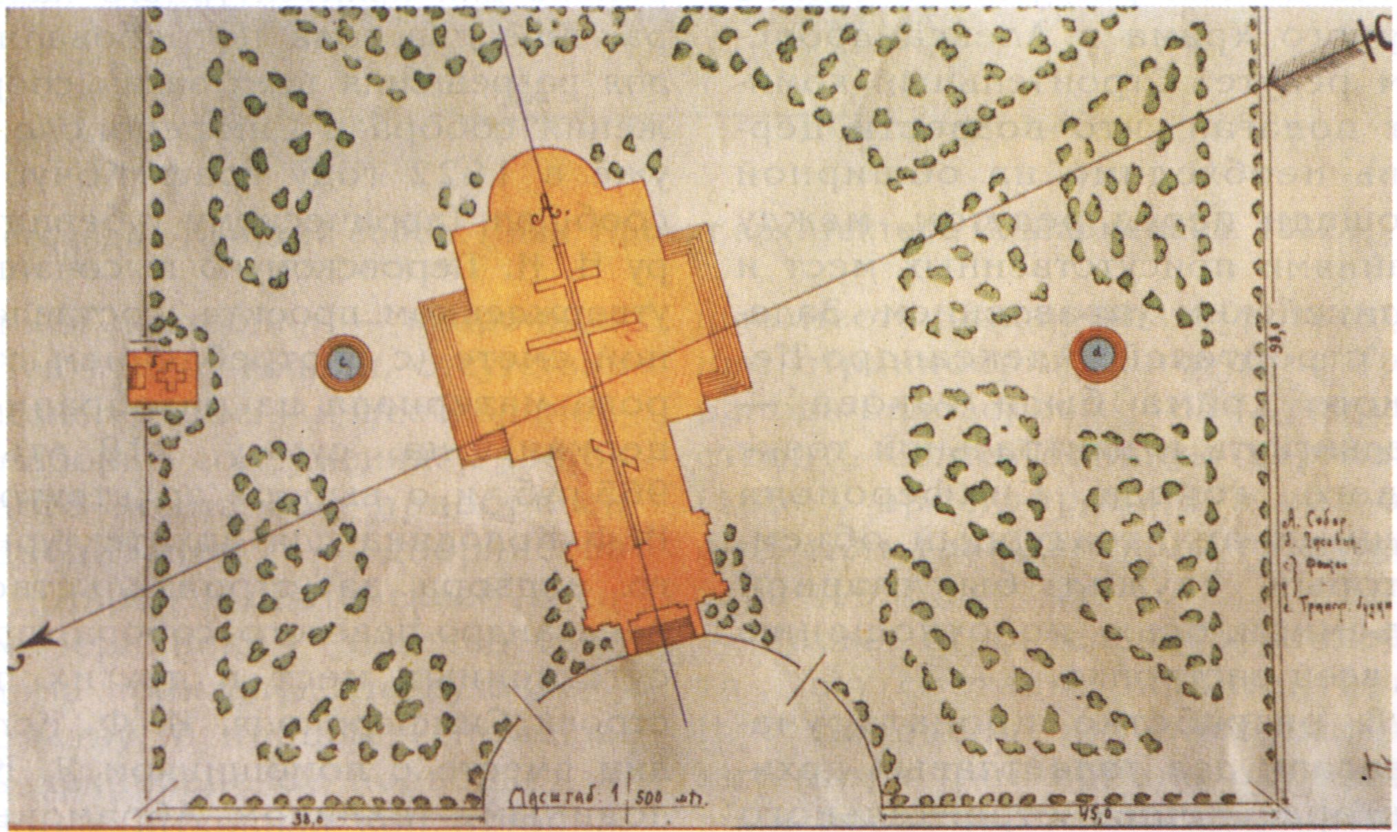 План территории собора. 1927 г. A — собор; B — часовня; C — фонтаны