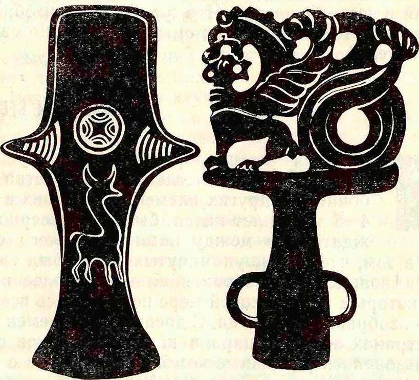 Рис. 7. Культовый бронзовый топорик из окрестностей г. Керчи и скифское навершие жезла, найденное в Присивашье