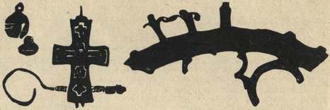Изделия из серебра и меди, найденные на Мангупе (пуговицы-бубенцы, крест-энколпий, крюк для подвешивания люстры, обломок хороса)