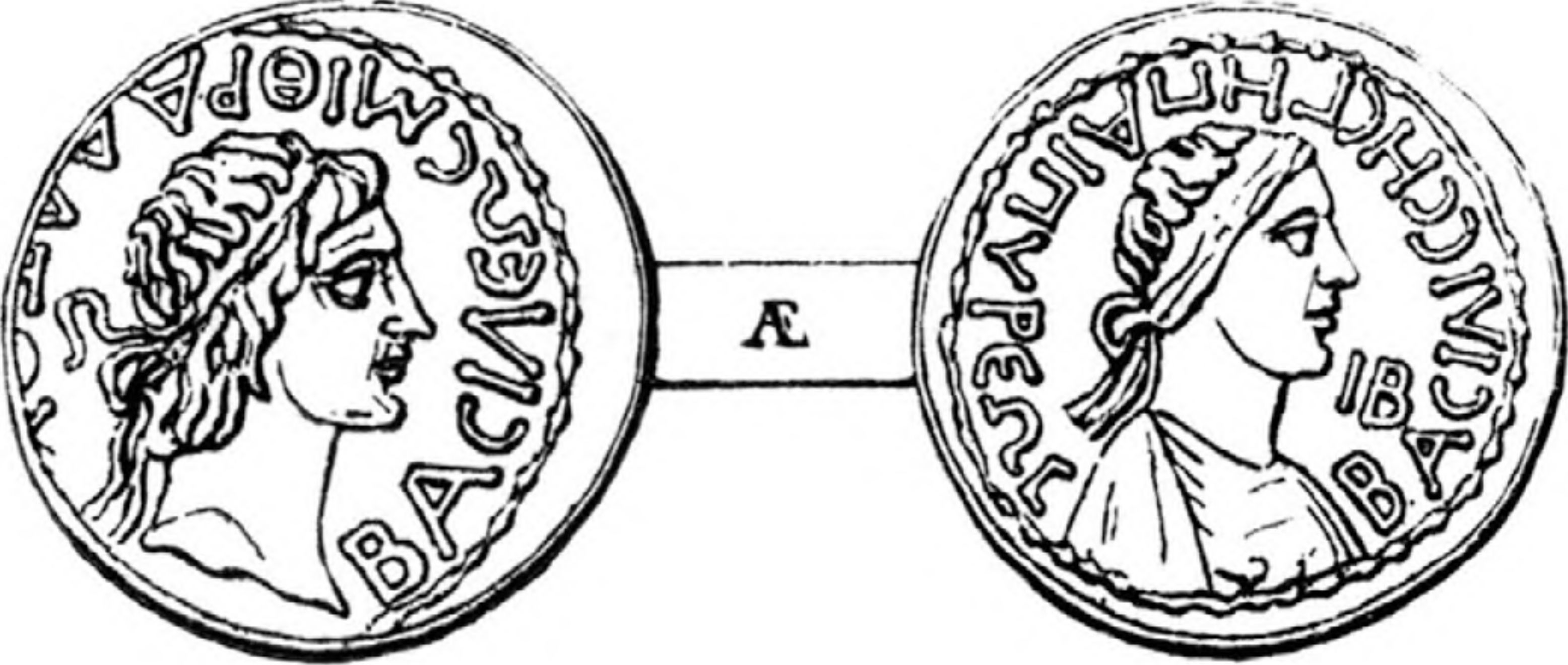 Рис. 127. Медная монета с изображением Митридата VIII и Гепепирии (по П.О. Бурачкову)