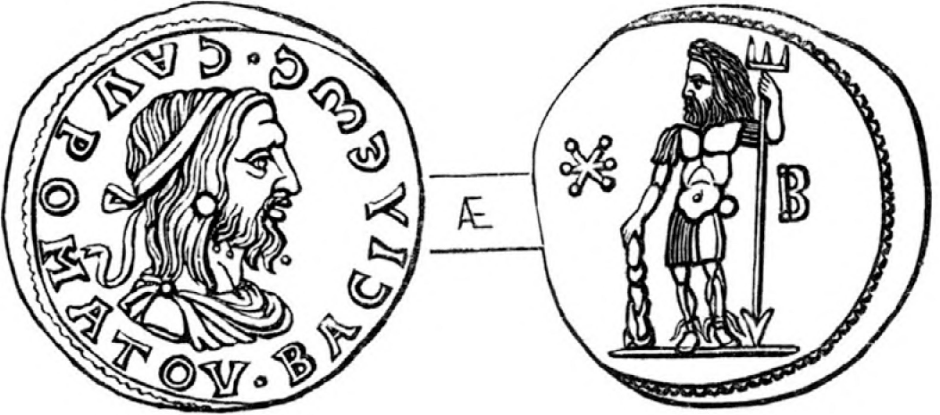 Рис. 130. Двойной динарий царя Савромата II, где он изображен с атрибутами Геракла и Посейдона (по П.О. Бурачкову)