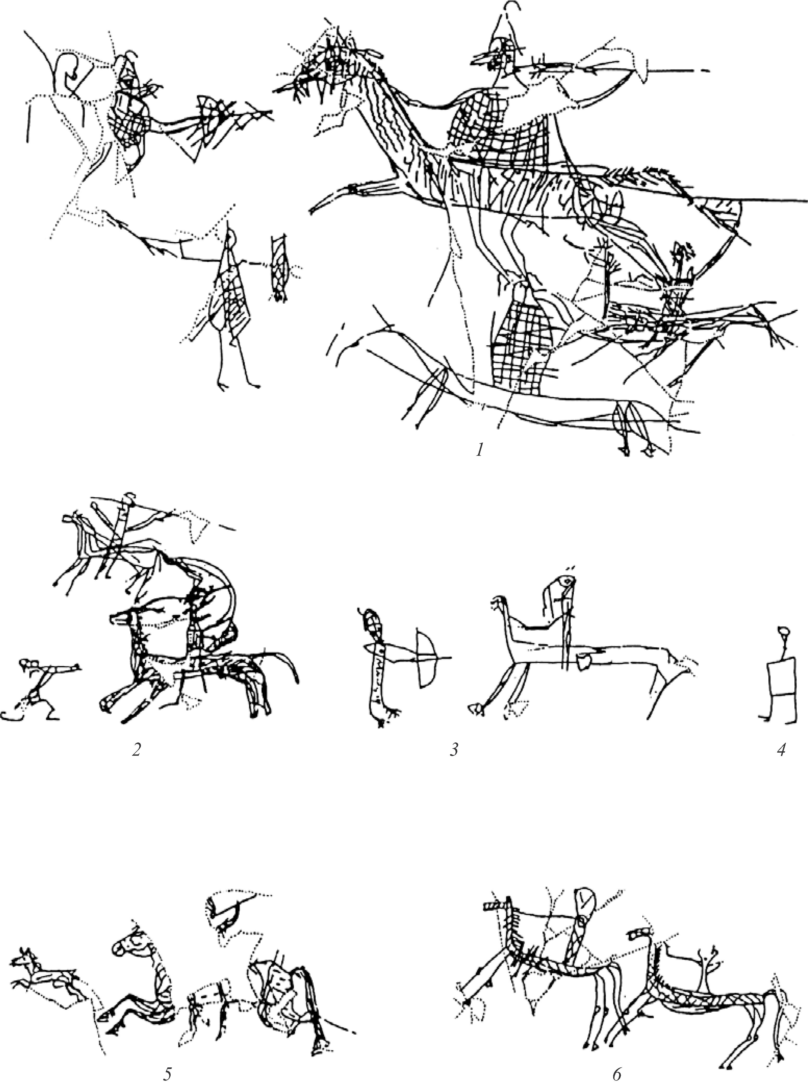 Рис. 52. Граффити с изображением батальных сцен из святилища Нимфея (по О. Хёкманну)