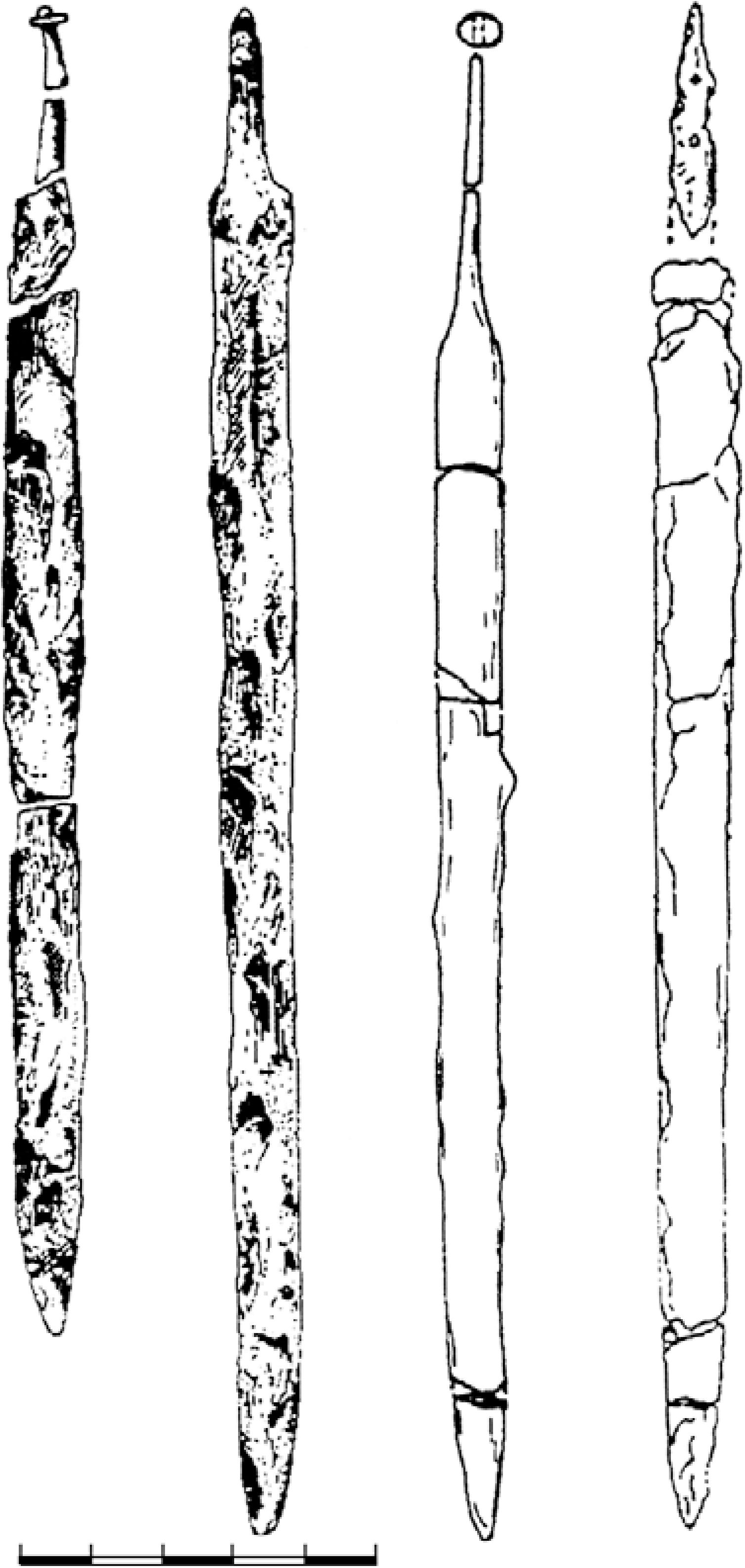 Рис. 82. Боспорские мечи I—III вв. н. э. 1, 2 — некрополь Фанагории; 3, 4 — некрополь Илурата