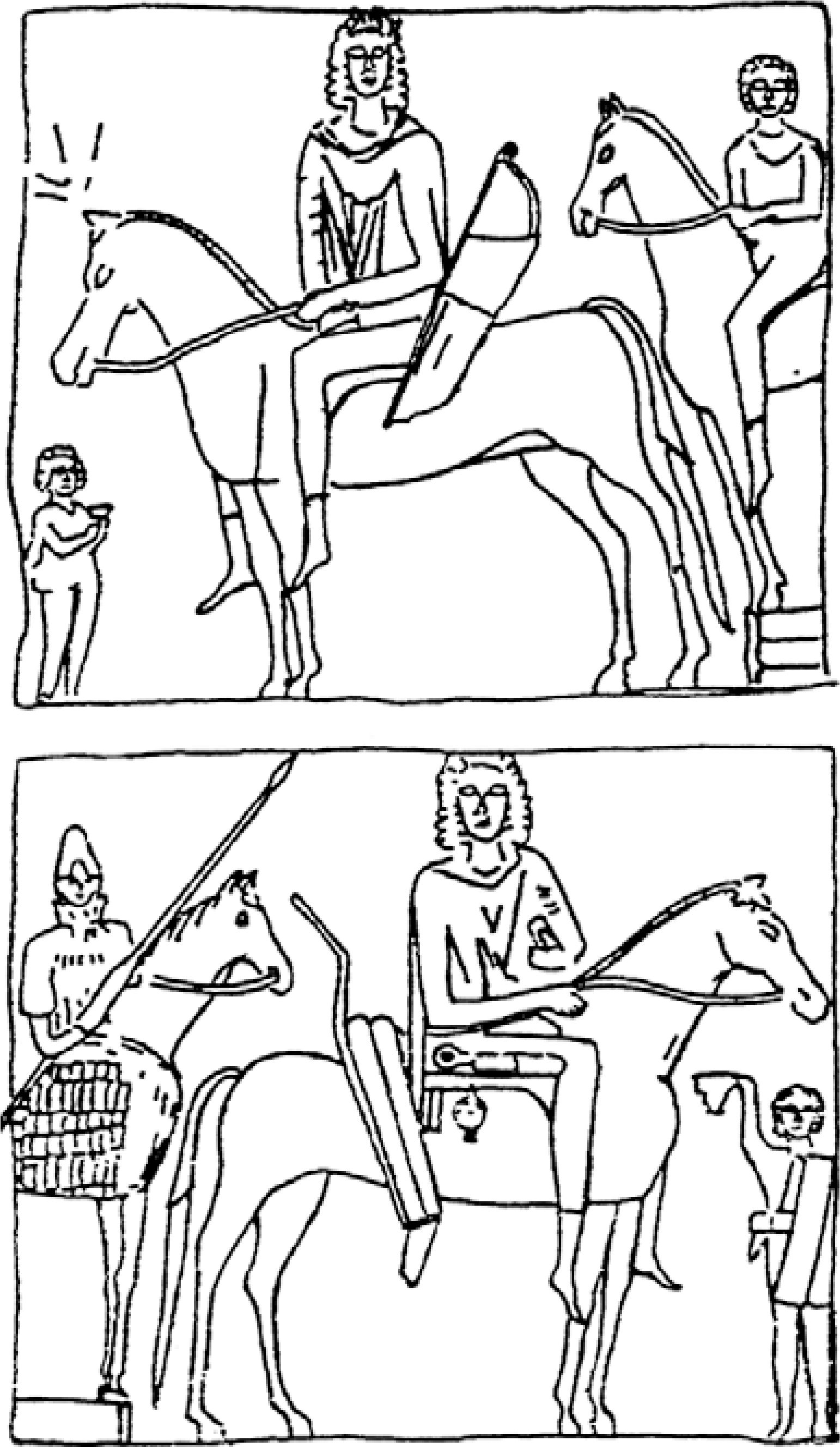 Рис. 92. Изображения всадников с луками «скифского» (вверху) и «гуннского» (внизу) типа. Фрагмент надгробия Афения, сына Мены