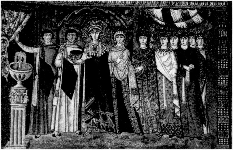 Императрица Феодора с Чашей. Мозаика апсиды церкви Сан-Витале в Равенне