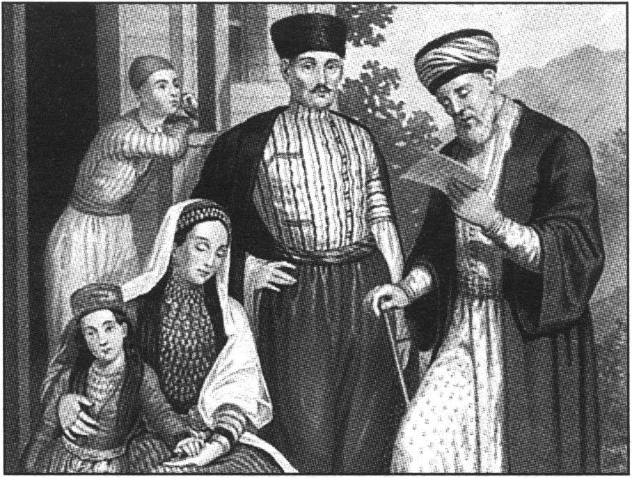 Семья крымских татар и мулла. Хромолитография. 1860-е гг.